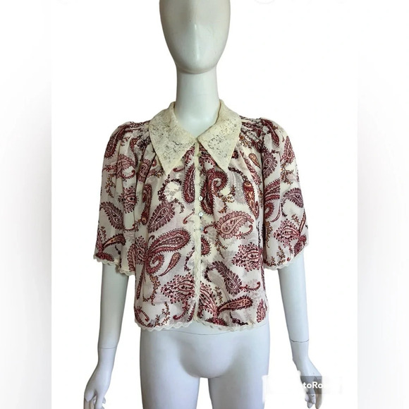 The Bright Side by Rocky Barnes Paisley Lace Button Front Crop Top Blouse Size L - Picture 5 of 11